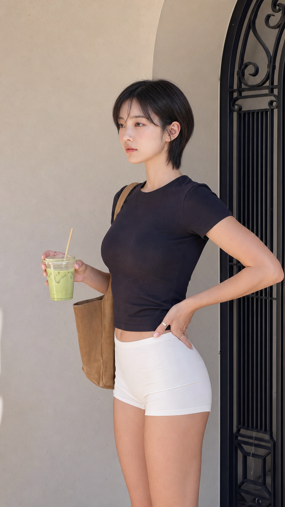 NaNa holding a matcha latte